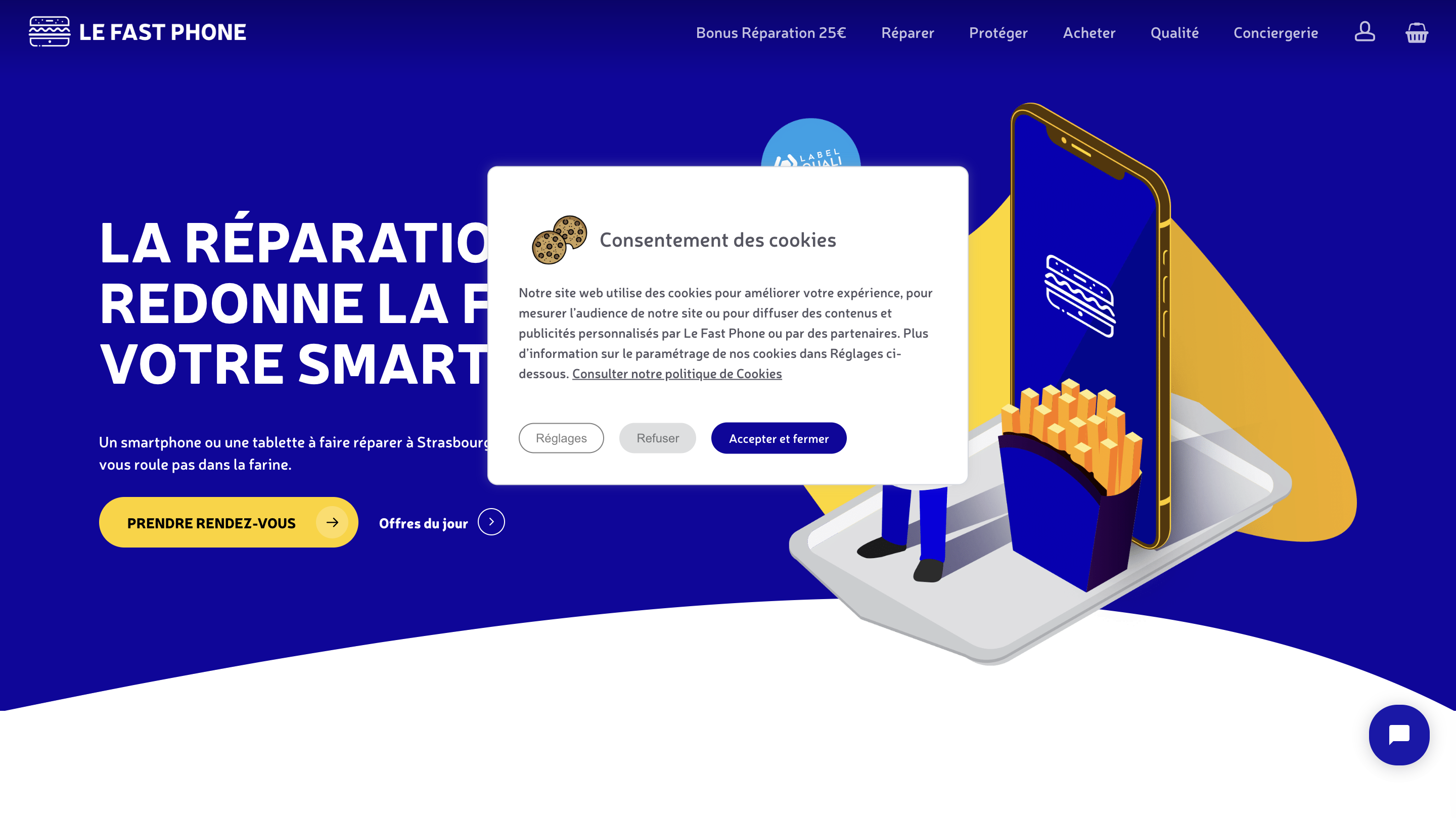 A centre overlay cookie banner on a French website. 